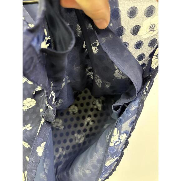 Ann Taylor Top Womens Large Ruffle V Neck Button Up Sheer Sleeve Navy Floral - Picture 5 of 11